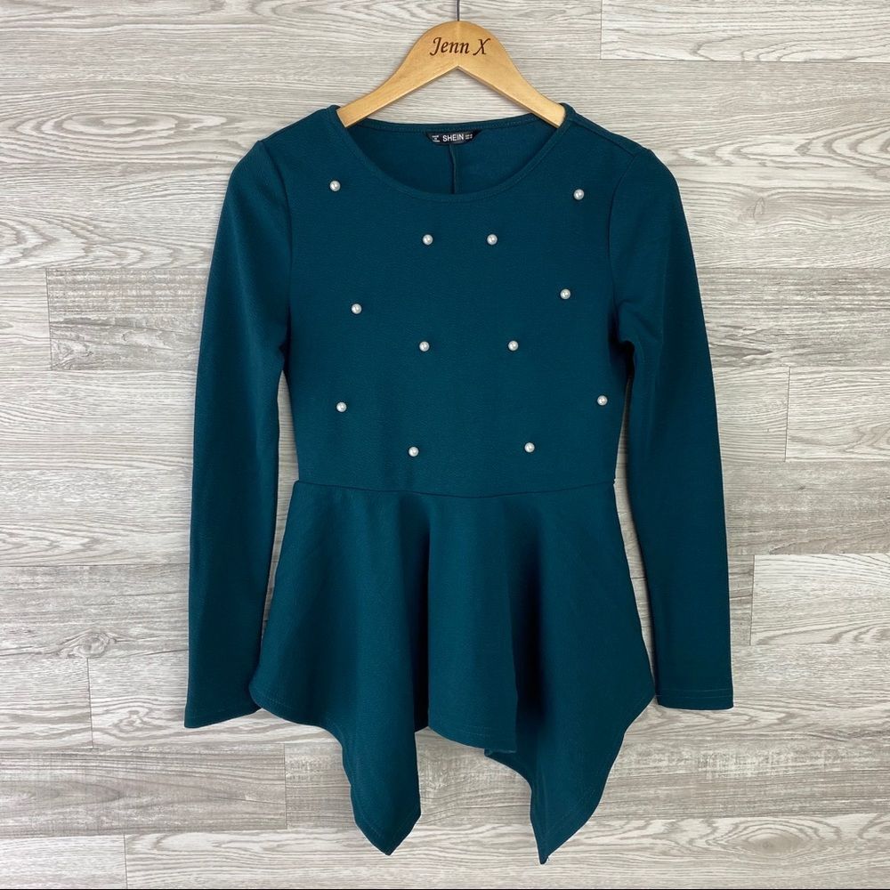 Shein Pearl Longsleeve Green Peplum Blouse